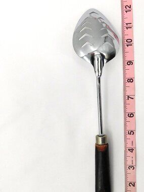 Vintage Androck Stainless Steel Slotted Serving Spoon with Wooden Handle USA